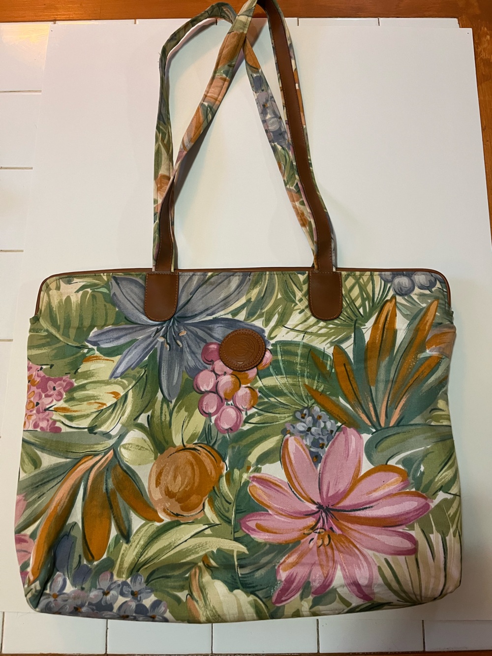 Tropical Floral Canvas Tote with Brown Trim